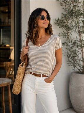 Tory Burch Striped Women's Logo T-shirt Tan White Small